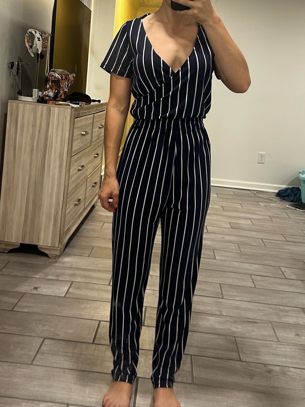 Express XS Navy Blue Pinstripe Jumpsuit